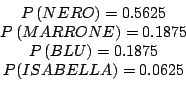 \begin{displaymath}
\begin{array}{c}
P\left(NERO\right)=0.5625\\
P\left(MARRO...
...\\
P\left(BLU\right)=0.1875\\
P(ISABELLA)=0.0625\end{array}\end{displaymath}